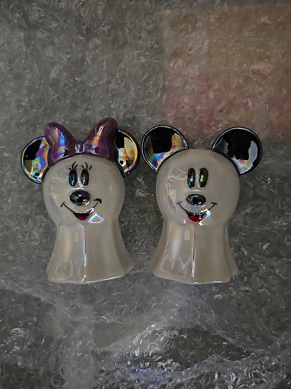 Disney Iridescent White Ceramic Mickey & Minnie Figurine Set
